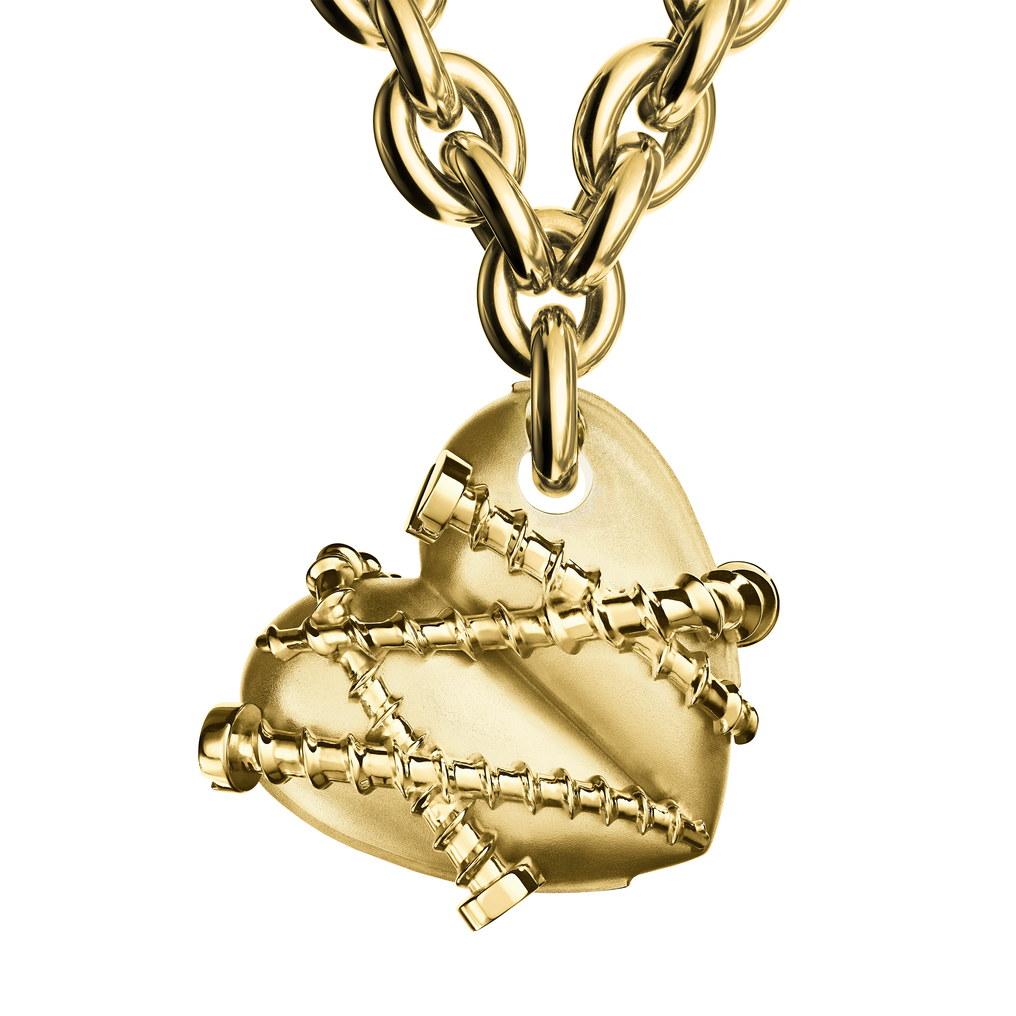 A detail of Bullet Hole Heart Pendant with Screws XL with Chain in Yellow Gold